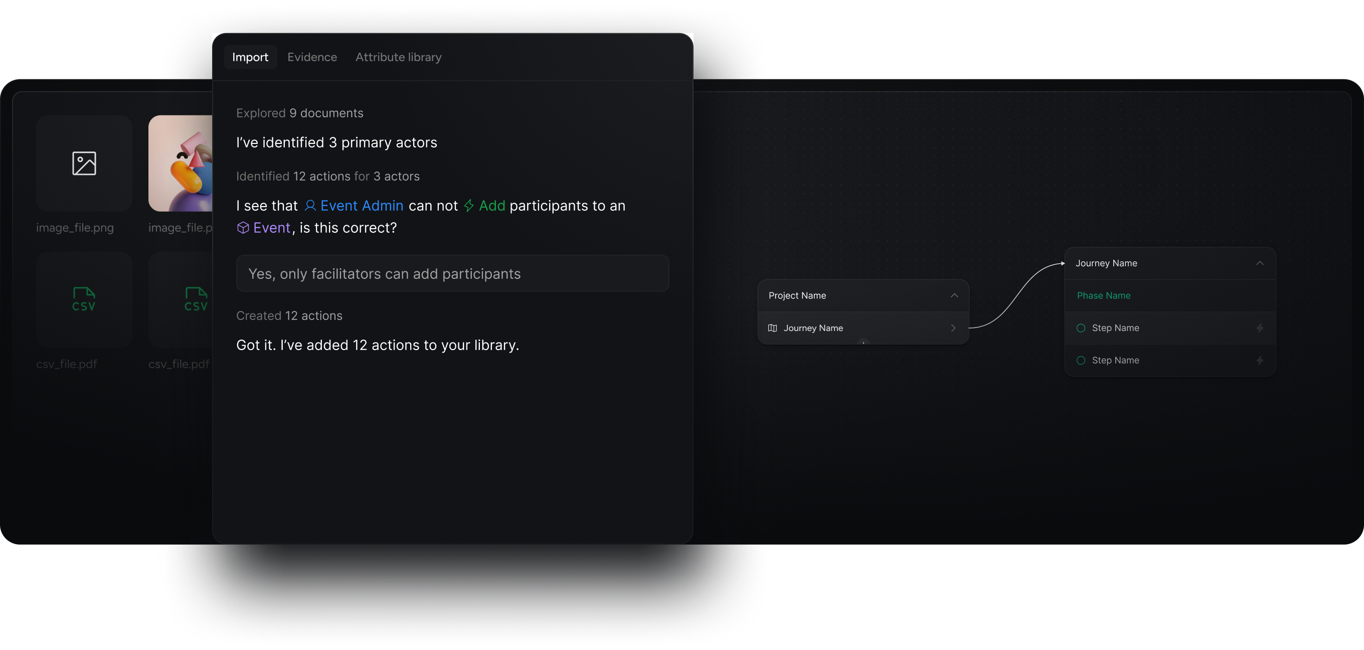 Import: documents, analysis summary, and journey structure